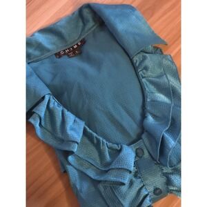 CHIME Women's 80s Vintage Turquoise Ruffle Button Up‎ Dress Shirt Size L